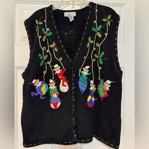 Women Vintage White Stag Embroidered Elf Holiday Christmas Ornament Vest XL